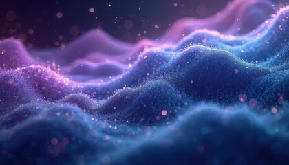 Poster - Abstract digital illustration with glowing particles, waves of light. Purple, blue colors, bokeh effect, space atmosphere, artistic background. Great tech, science, design, wallpaper.