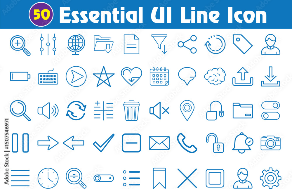 UI Essentials Line Icon Set. 50 Simple Black Line Art Icons for Web ...