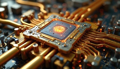 Fototapete - Close-up of modern computer chip. Quantum computing, data processing, ai, neural networks, machine learning tech concept. Processor circuit board detail with golden conductors. Technology background.