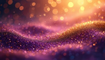 Poster - Abstract luxury background featuring purple, gold glitter lights with bokeh. Elegant glowing particles design, ideal for festive projects, presentations, New Year Christmas celebrations. Bokeh effect