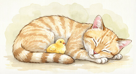  Watercolor painting of sleeping cat with chicks nestled beside, delicate brush strokes and soft earth tones, dreamy and tender mood with focus on warmth and protection, textured paper feel