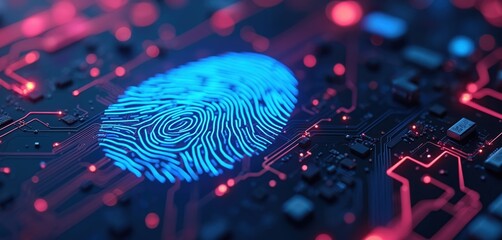 Poster - Cyber security system with fingerprint digital scan on neon background. Security concept with copy space on circuit board. Technology and security, data protection, biometric, digital identity access.