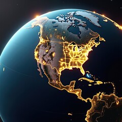Poster - Earth with city lights network lines across North America, illustrating global connectivity. AI-generated image. Highlights tech, communication, transport, infrastructure, interconnected systems,