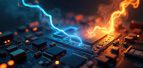 Fototapete - Digital illustration of motherboard with flames, lightning. Circuit board, processor CPU glowing, sparks, energy flows. Tech concept, computing, data processing, cyber security, AI, innovation.