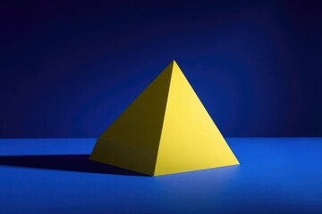 Aufkleber - Yellow Pyramid on Blue: A vibrant yellow pyramid stands out against a deep blue background, creating a striking contrast and minimalist composition. The strategic lighting casts a dramatic shadow.