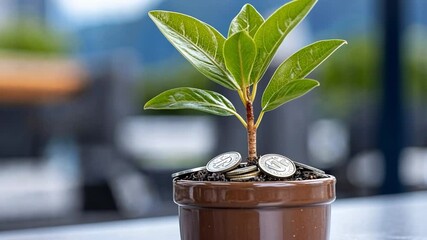 Aufkleber - Blooming Growth: A close-up shot of a plant thriving from a pot of soil and coins symbolizes the flourishing potential of financial investment and economic expansion.