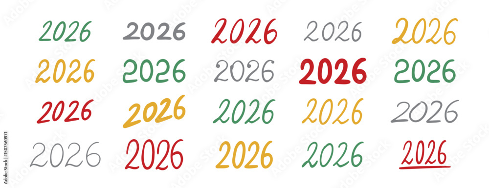 hand drawn doodle 2026 lettering text designs various styles and colors ...