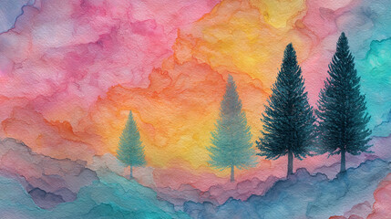 Poster - Watercolor painting of evergreen trees against a colorful sky with pink orange and yellow hues