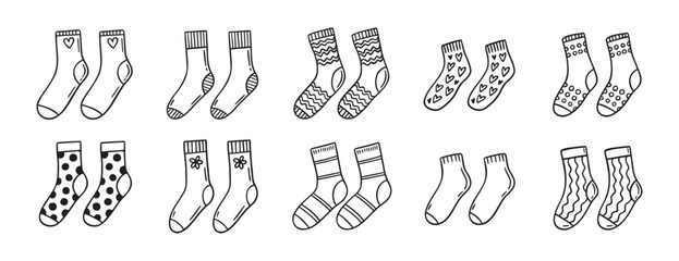 Cute socks doodle hand drawn icon set. Outline drawing cute socks line clipart symbol collection