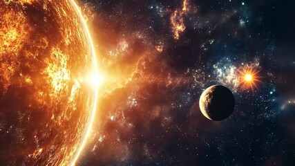 Leinwandbilder - Celestial Dance: A mesmerizing cosmic panorama unfolds, showcasing a luminous sun, enigmatic planets, and vibrant celestial bodies against the backdrop of a nebula-filled cosmos.