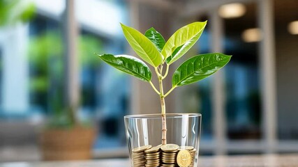 Poster - Budding Investment: A symbolic image of a growing plant thriving from a foundation of coins in a glass, representing the concept of investment and financial growth, with an office background.