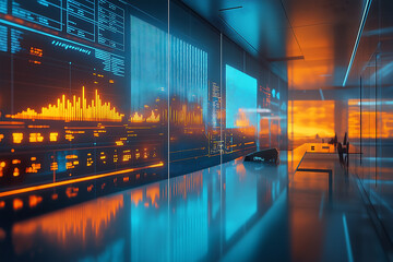 futuristic data center visualization with glowing charts and information