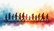 © Viktor - Watercolor banner illustration silhouettes representing various age groups. Celebrating family bonds, care, understanding across generations. Hand-drawn art in watercolour, people holding hands,