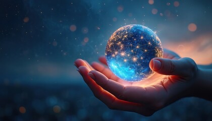 Poster - Hand holding glowing sphere with network connections against night sky. Concept global networking digital innovation data transfer, connectivity. Represents technology social impact modern technology