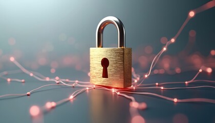 Poster - Golden padlock online security, data protection. Glowing network connections represent digital safety. Illustration concepts of data security, encryption, privacy, cybersecurity, internet protection.