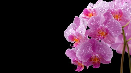 Leinwandbilder - Delicate Pink Orchids glisten with raindrops against a sleek black backdrop, creating a striking contrast that evokes elegance and tranquility.