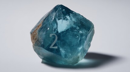 Poster - Radiant Aquamarine Crystal with Intricate Facets Glimmering Against a Soft Gray Background, Evoking Calmness and Serenity in Natural Light.