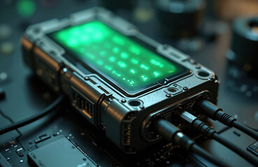 Poster - Futuristic tech device charges in dark lab. Green digital screen display, data, network, and connection interface. Innovation, energy, power and sustainable tech, design.