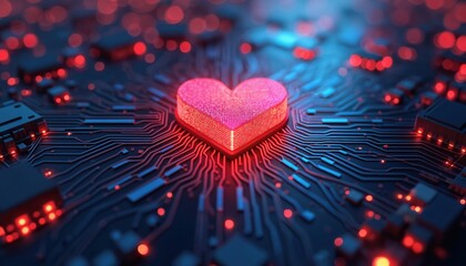 Fototapete - Digital illustration of glowing heart on circuit board represents connection between tech, health. Futuristic medical concept. Artificial intelligence, digital healthcare, innovative treatment, data