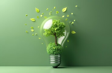 Poster - Eco friendly concept illustration with green light bulb growing tree inside. Sustainable technology future with leaves falling out. Renewable energy idea concept environmental eco-friendly