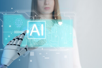 Poster - Robot hand and doctor using AI virtual screen against color background, closeup. Artificial intelligence in medicine