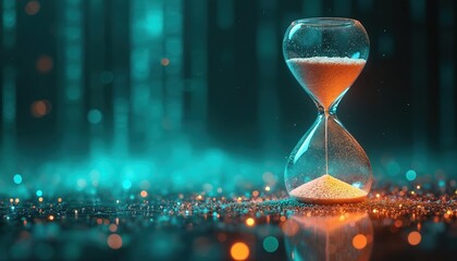 Fototapete - Digital hourglass illustration. Falling sand transforms into binary code. Big data era concept. Time fleeting nature, modern tech, network connectivity. Visualises ephemeral existence. High tech,