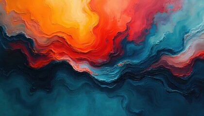 Poster - Abstract art painting with colorful layered textures. Orange red blue colors, wavy lines. Artistic design with flowing forms. Backdrop, wallpaper, artistic background for creative projects.