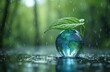 © Viktor - Concept of World Water Day. Transparent glass globe with continents in raindrops. Green leaf protects from rain. Eco-friendly background. Environmental protection and ecology concept.