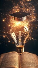 Poster - Surreal animation of glowing light bulb wearing graduation cap floating above old book, symbolizing knowledge, education, idea, and intellectual inspiration