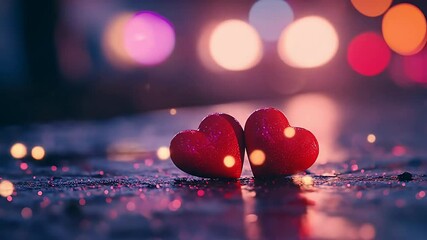 Poster - Two red hearts on wet surface with glowing bokeh lights in background, symbolizing love, romance, togetherness and emotional connection