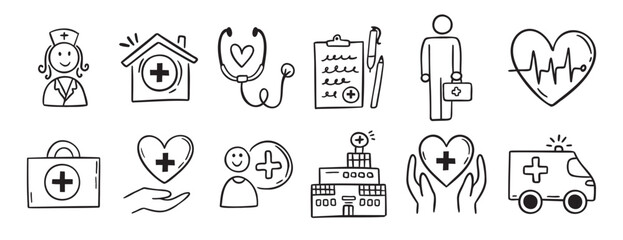 Medical kit, hospital, clinic doodle hand drawn icon set. Outline drawing stethoscope, report, healthcare, doctor, patient, line clipart symbol