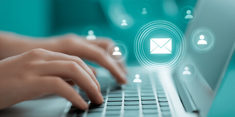 Poster - Hands typing on a laptop keyboard while email icons appear in a digital environment