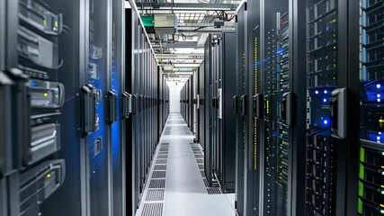 Poster - Cutting-edge data center interior showcasing advanced server racks and blinking LED lights in intricate arrangement