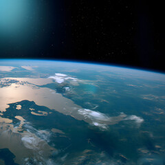 view of earth from space, a blue planet in deep black space