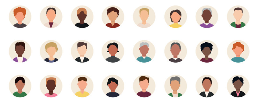Set of man persons, avatars, people heads of different ethnicity and ages in flat minimal style.