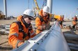 © Роман Булатов - Workers Assembling Wind Turbine Tower Section at Construction Site