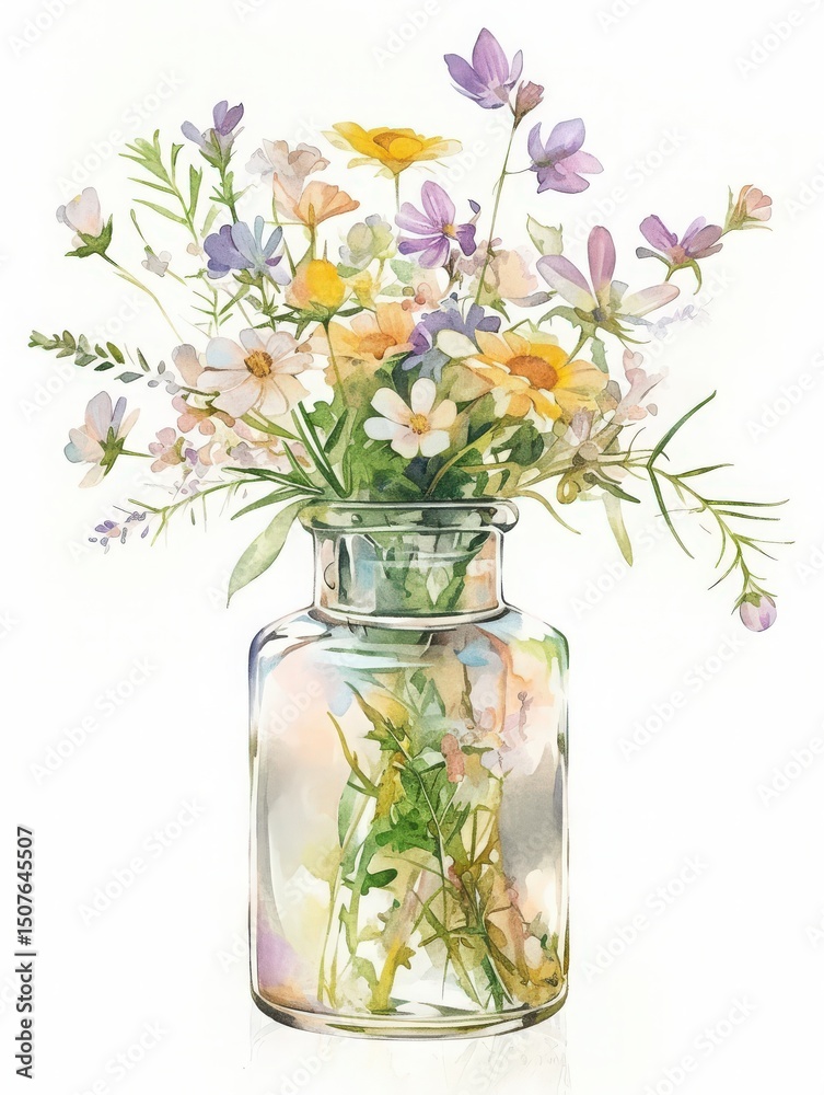 A glass vase filled with an assortment of vibrant wildflowers in various colors including yellow, purple, and white. The arrangement brings a fresh and lively feel to the setting.