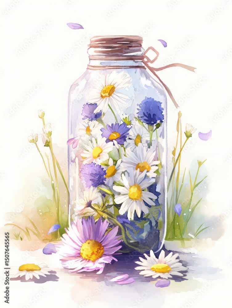 A glass jar filled with a vibrant mix of wildflowers sits in a grassy field. The jar showcases daisies and purple blooms, surrounded by scattered petals, reflecting a serene outdoor setting.