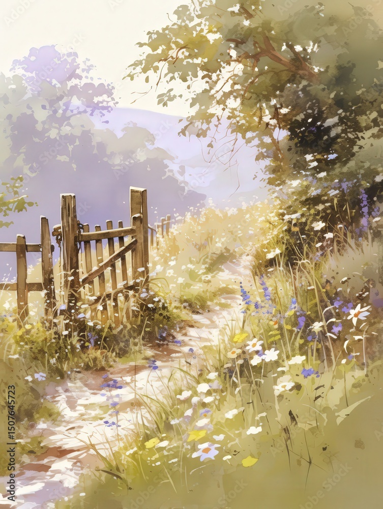 A gentle path leads through a wooden gate, bordered by lush greenery and colorful wildflowers. The soft light creates a tranquil atmosphere in this peaceful rural setting.