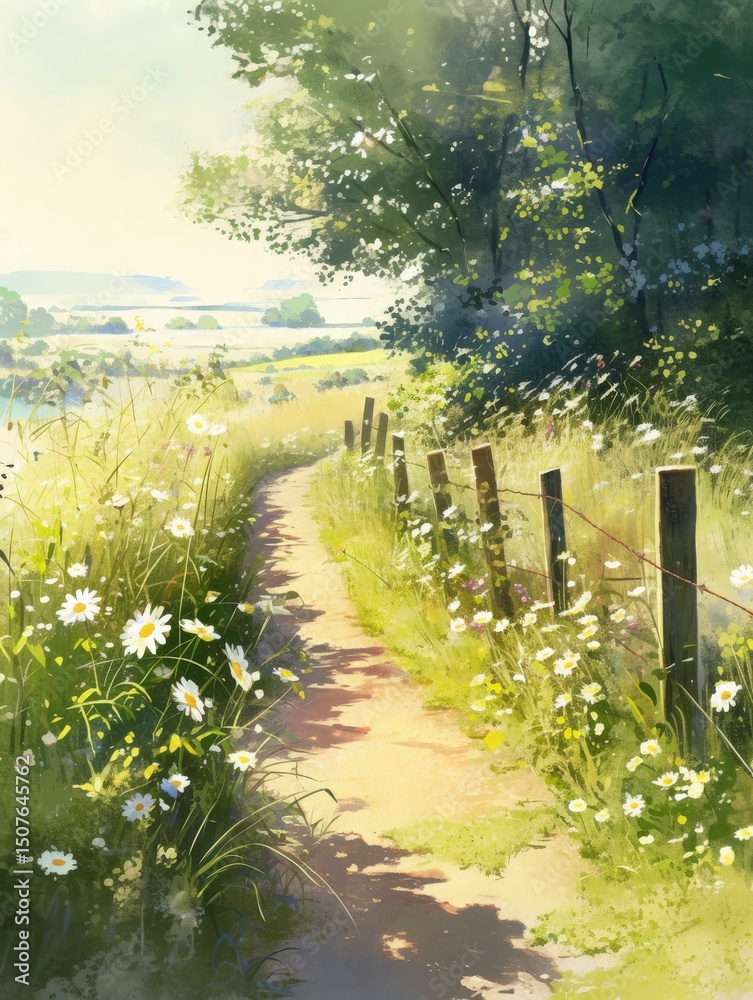 A serene pathway meanders through a meadow adorned with daisies and wildflowers. Lush greenery lines the path, illuminated by warm afternoon sunlight.