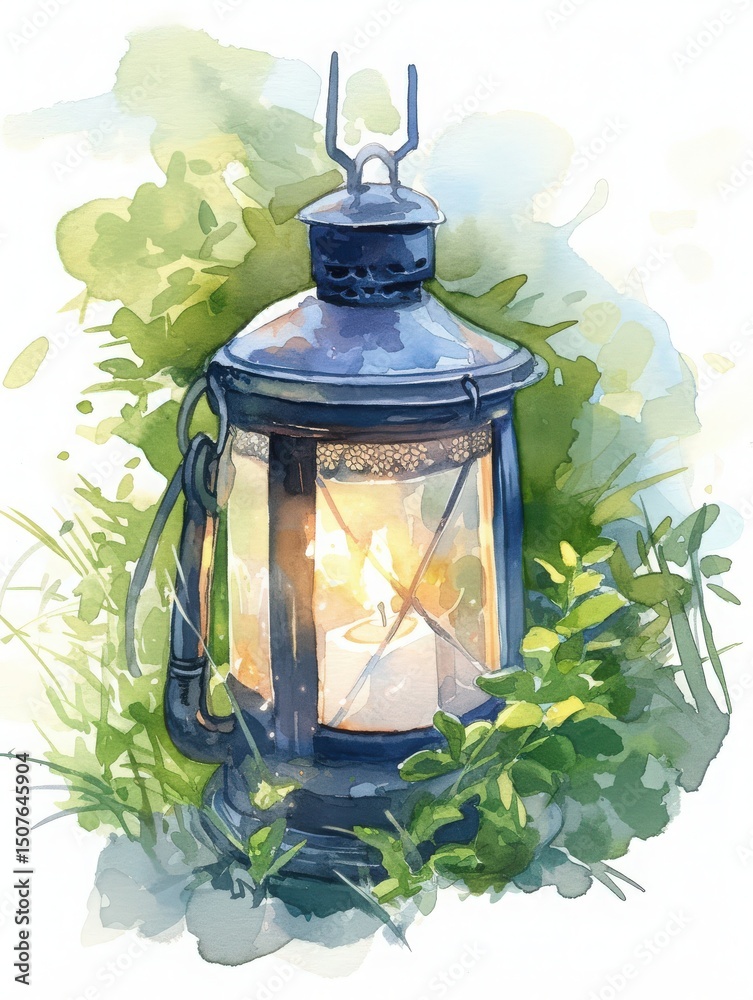 A vintage lantern emits a warm glow while placed in a verdant garden. Lush green grass surrounds the lantern, enhancing its classic charm in a tranquil setting.