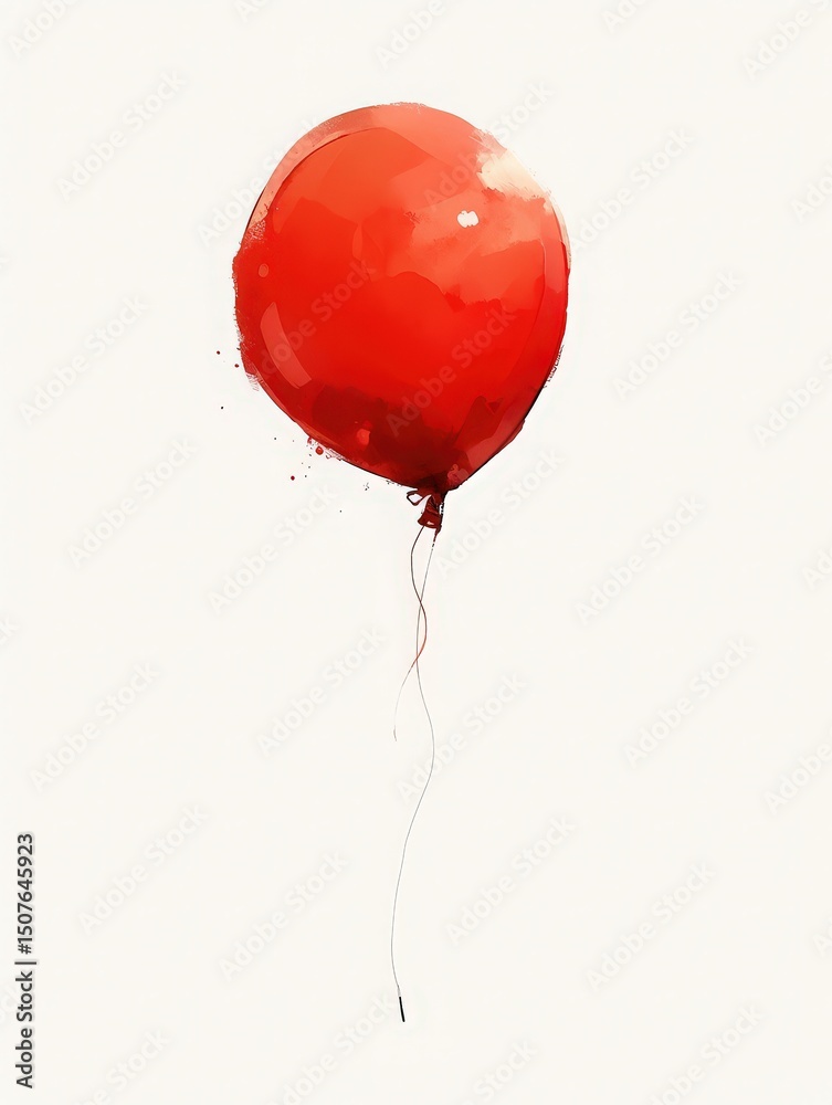 A vibrant red balloon with a glossy finish gently rises against a light beige backdrop. The balloons string wisps downward, creating a playful and lighthearted ambiance suitable for celebrations.
