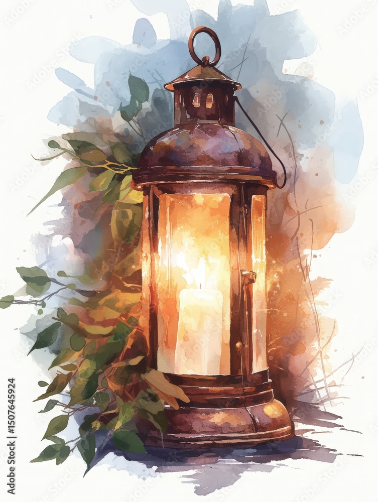 This lantern features a flickering candle, surrounded by lush green foliage. The warm light creates a serene atmosphere, highlighting the artistic brush strokes and soft colors around it.