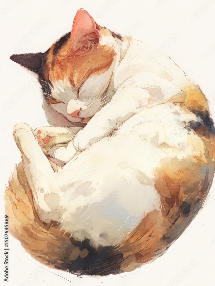 A calico cat with distinct patches of orange, black, and white fur is curled up, sleeping soundly. Its serene expression conveys relaxation and comfort in a tranquil setting, perfect for a pet lover.