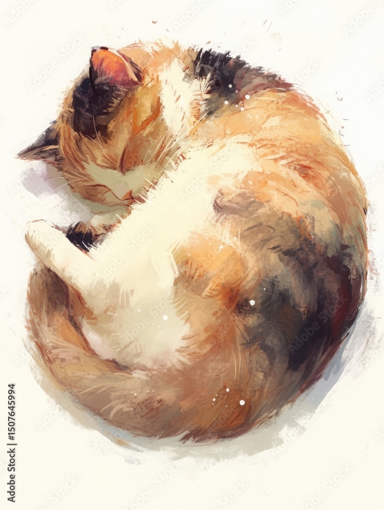 A calico cat rests comfortably in a curled position on a soft surface, showcasing its beautiful coat. The scene captures a moment of tranquility in a warm atmosphere.