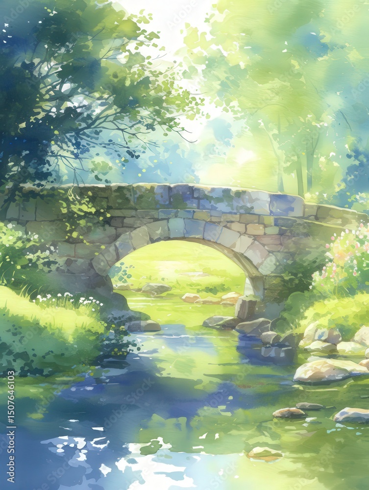 A classic stone bridge arches gracefully over a gentle stream flowing through a verdant landscape. Sunlight filters through lush trees, casting soft light on the surrounding greenery.