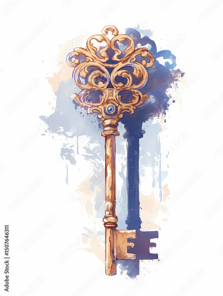 The intricate vintage key features a beautifully detailed design with swirls and hearts, set against a soft watercolor background. This artistic representation highlights craftsmanship and creativity.