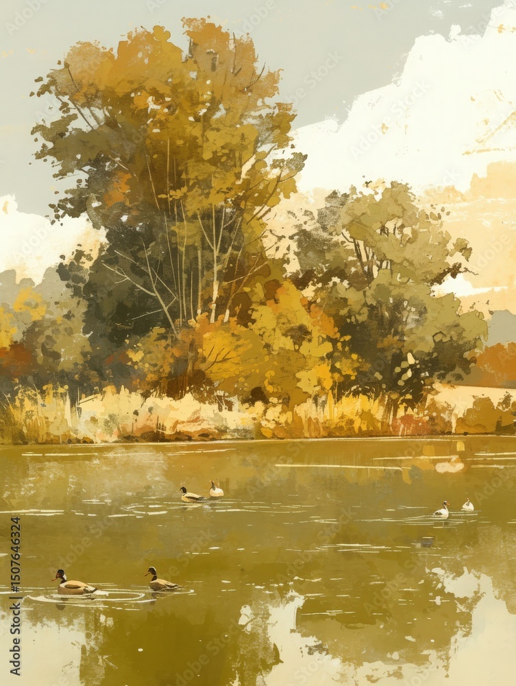 Colorful autumn foliage reflects in a calm lake where several ducks glide effortlessly across the water. The peaceful setting captures the essence of a tranquil afternoon in nature.