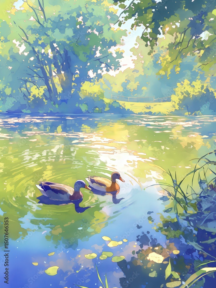 Two ducks glide gracefully across the sunlit pond, surrounded by lush greenery and gentle reflections in the water. The scene captures a peaceful moment in nature.