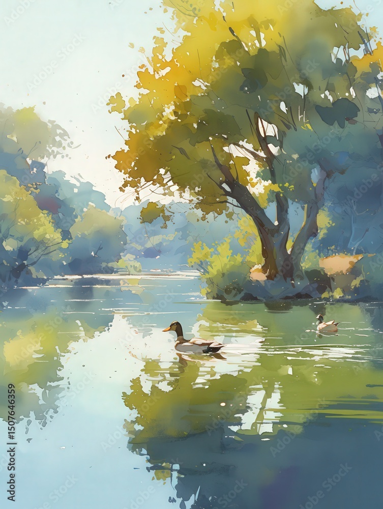 Ducks glide smoothly across a serene river surrounded by vibrant trees. Soft sunlight creates a gentle glow, illuminating lush greenery and reflections on the waters surface.